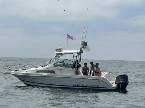 Crew fishing the rail while the boat drifts offshore.