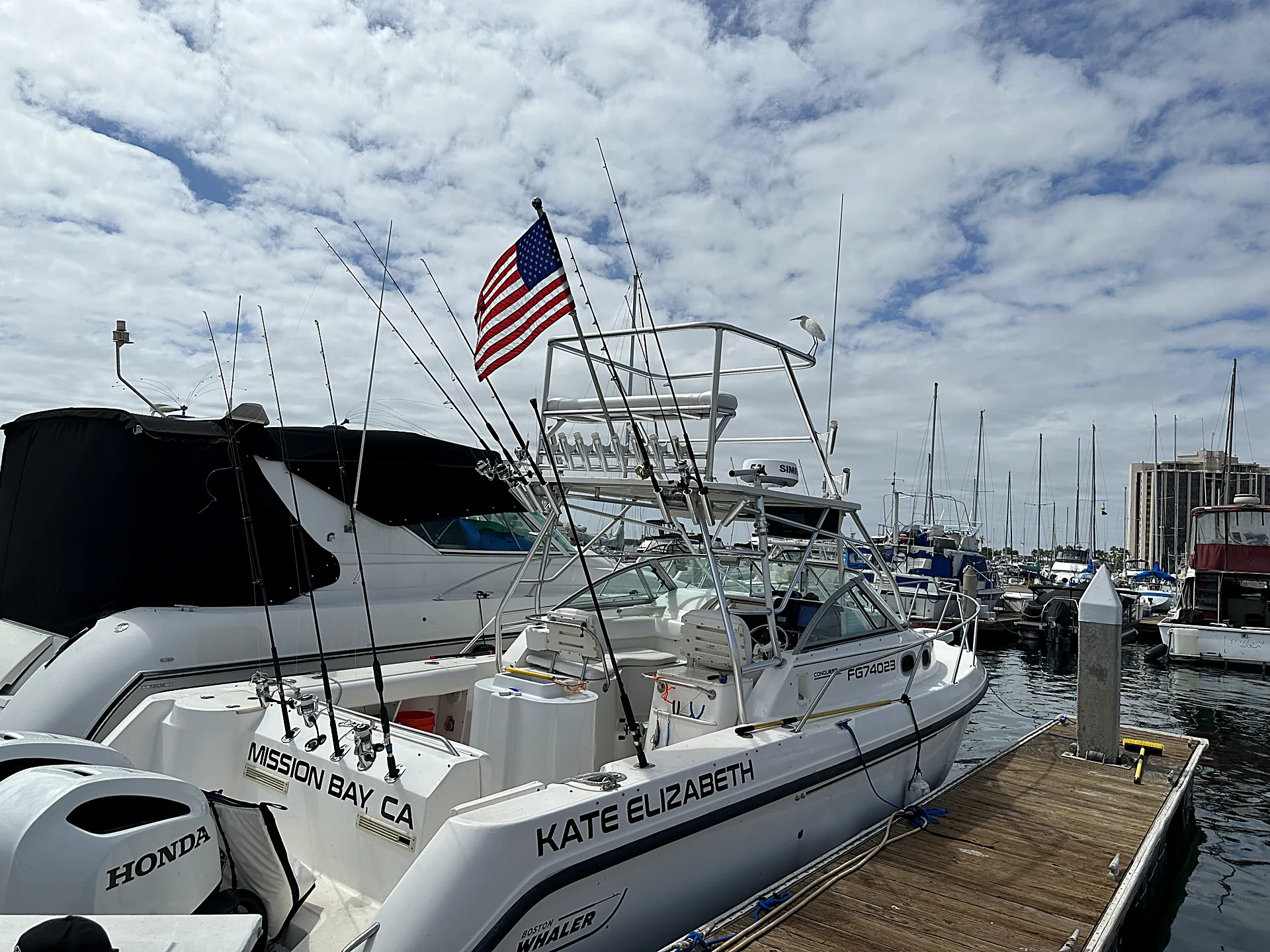 The Kate Elizabeth charter boat rigged with rods at her slip in Mission Bay, San Diego