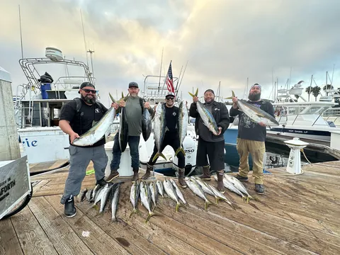 A charter group with a rail of tuna and yellowtail on the dock.